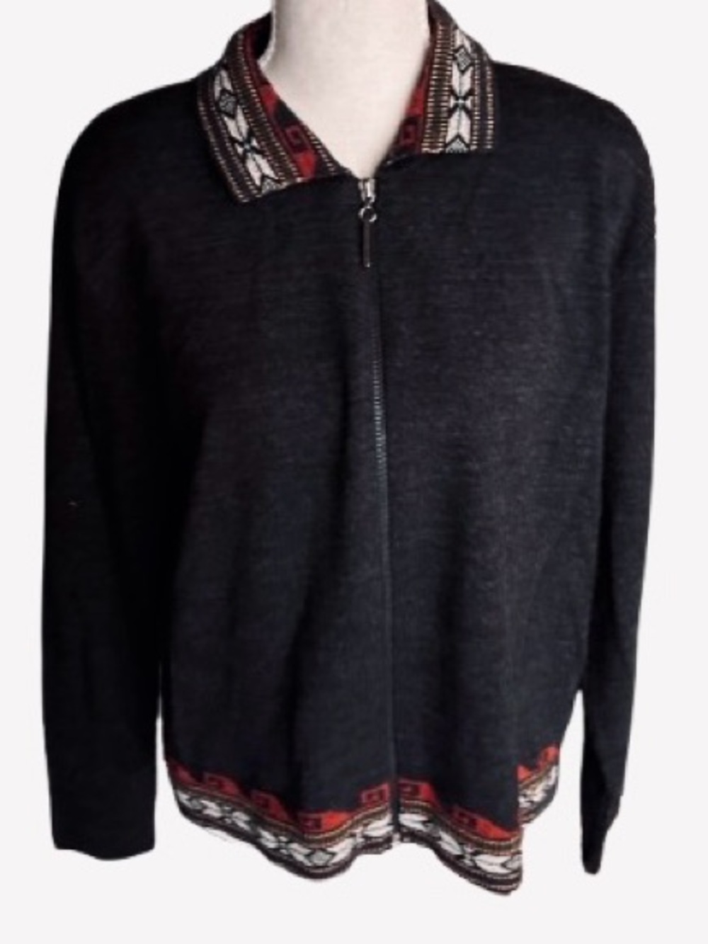Vintage XL Zipper Cardigan Y2K 90s KAREN LESSLY Extra Large Knit Nordic Sweater